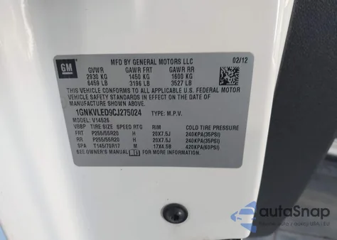 2012 Chevrolet Traverse Ltz from USA, damaged, VIN 1GNKVLED9CJ275024